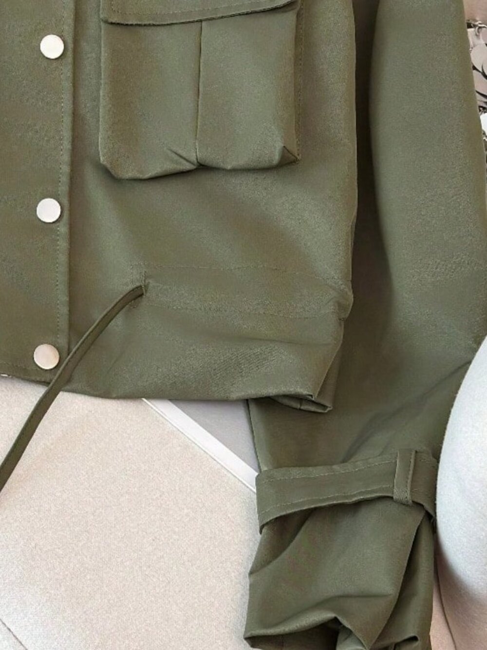 Army Green Women's Casual Multi-Pocket Funnel Neck Utility jacket - Picture 5 of 9